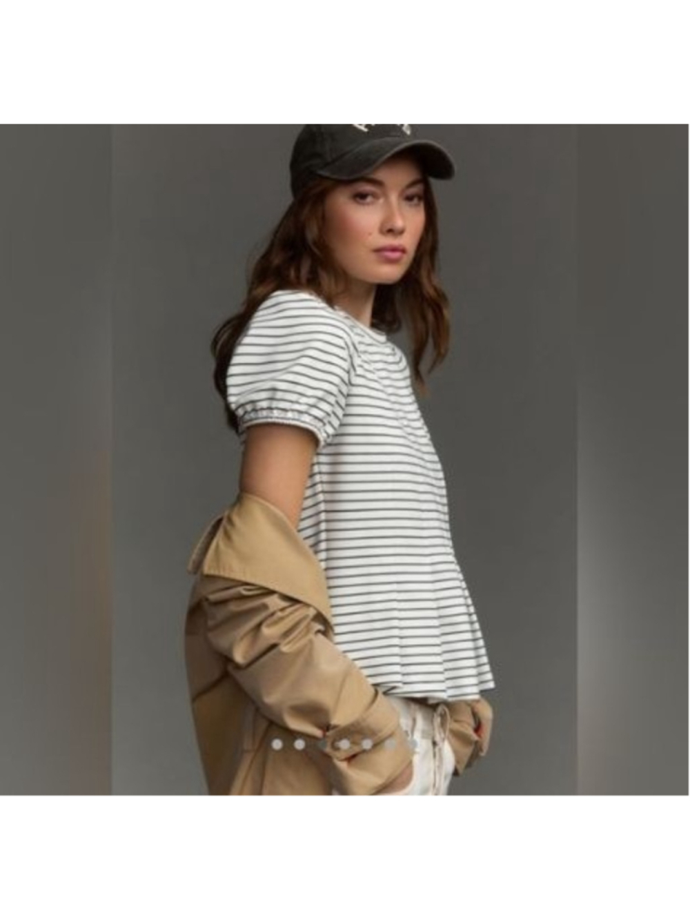 Maeve Anthropologie Corset Peplum White/Black Striped Cap Sleeve Tee NWT XS - Picture 2 of 8